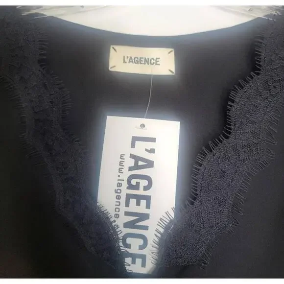 NWT L'Agence Black V-Neck Blouse Long Sleeve Lace Hi Low Hem XSmall